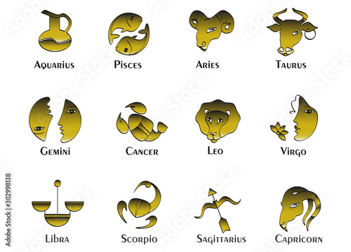 Set of 12 signs of the zodiac metallic bronze style. Horoscope. Isolated on white background