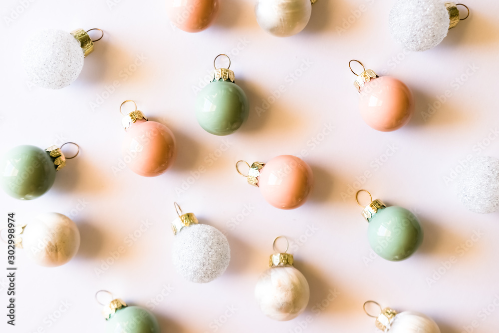 Pastel Christmas ornaments background.