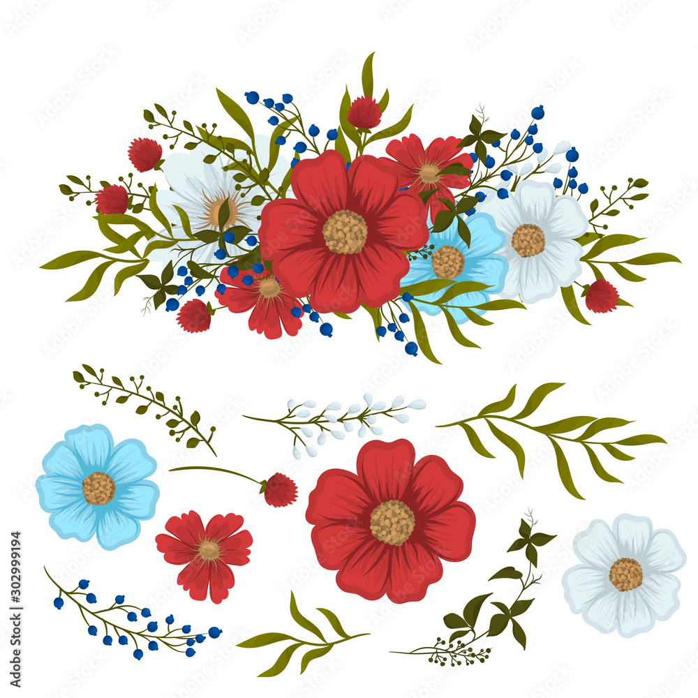 Isolated flowers - red , white, light blue floral elements