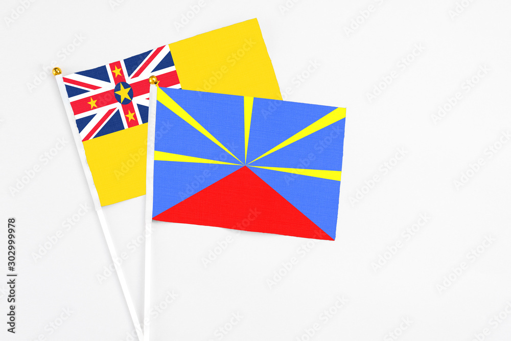 Reunion and Niue stick flags on white background. High quality fabric, miniature national flag. Peaceful global concept.White floor for copy space. Reunion and Niue stick flags on white background. High quality fabric, miniature national flag. Peaceful global concept.White floor for copy space.