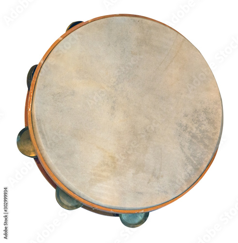 classical percussion musical instrument tambourine isolated on white background  top front view