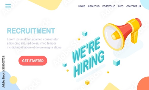 Recruitment. 3d isometric megaphone, loudspeaker with text. Human Resources, HR. Hiring employees. Job interview. Vector design for banner