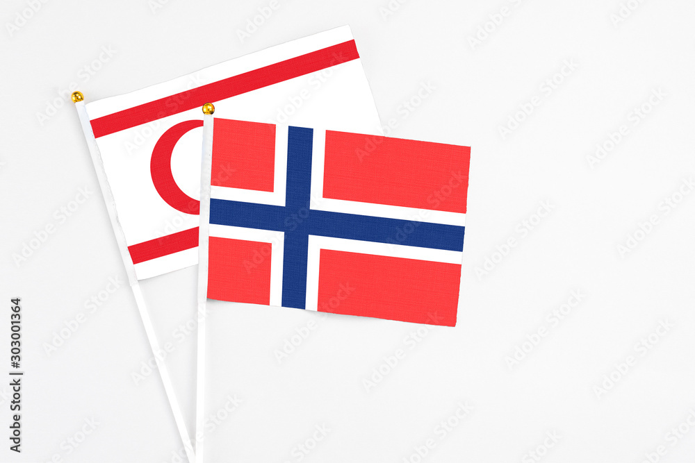 Bouvet Islands and Northern Cyprus stick flags on white background. High quality fabric, miniature national flag. Peaceful global concept.White floor for copy space.