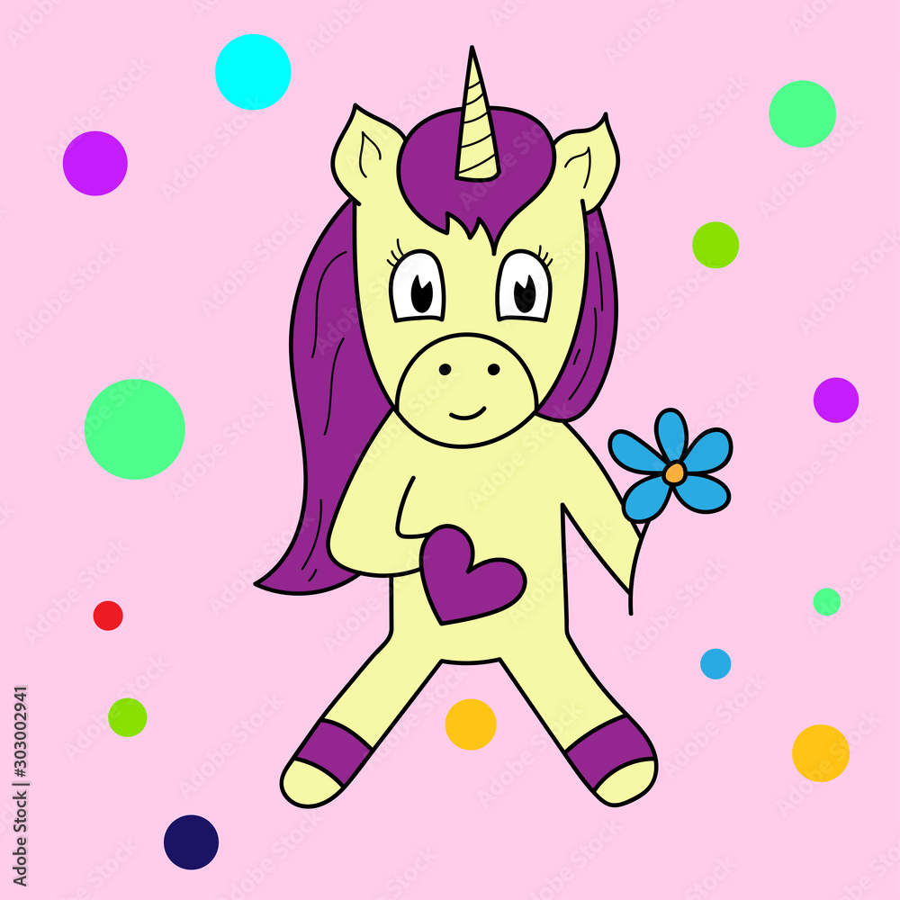 Cute unicorn.Unicorn with flower and heart in hands. Vector cartoon character illustration.Design for child card,t-shirt.Girls,kid. Cute unicorn.Unicorn with flower and heart in hands. Vector cartoon character illustration.Design for child card,t-shirt.Girls,kid.