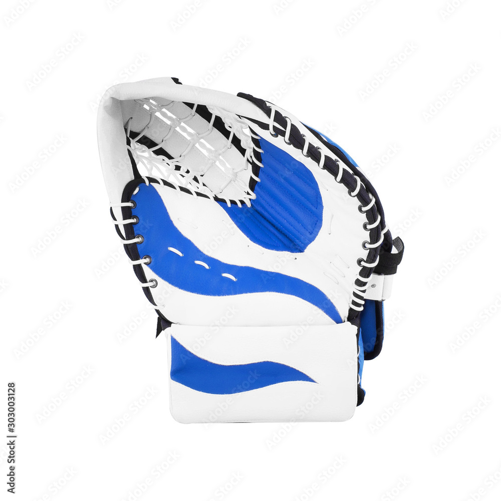 Wall Mural Blue and white ice hockey goalie catch glove isolated on white background