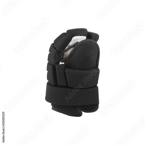 Foto Black ice hockey protective gloves isolated on white background.