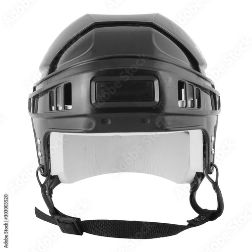 Black ice hocket helmet isolated on white background.