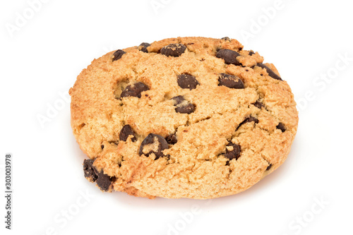 Homemade cookies. Sweet cookie with chocolate chips. Tasty biscuit in high resolution close-up  isolated on white background with small shadows. Homemade bakery.