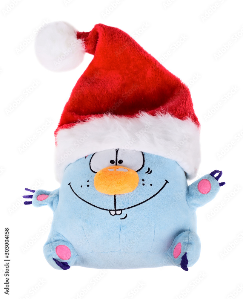 Fotografie Toy blue cat with Santa hat