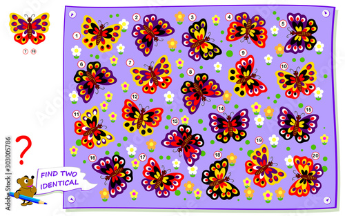 Logical puzzle game for children and adults. Need to find two identical butterflies. Printable page for kids brain teaser book. Developing counting and spatial thinking skills. IQ training test.