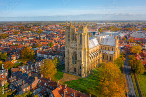 Overhead aerial top down view of Beverley Minster, the large gothic church in the centre of the small market town in East Yorkshire, UK. Shot in Autumn 2019