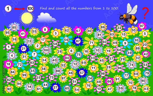 Logic puzzle game for children and adults. Find and count all the numbers from 1 to 100. Task for attentiveness. Printable page for brain teaser book. Developing counting skills. Vector cartoon image.
