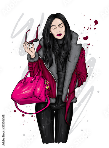 Beautiful girl in a fashionable fur coat, trousers and stylish gloves and glasses. Long hair. Fashion and style, clothes and accessories. Winter, New Year and Christmas. Fur. Vector illustration.