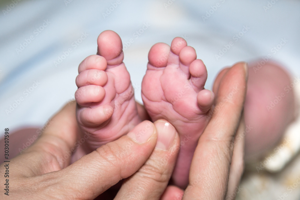 Feet baby soft pink on the background of the hands of an adult. Babies, human body motherhood, love, tenderness. Feet baby soft pink on the background of the hands of an adult. Babies, human body motherhood, love, tenderness.