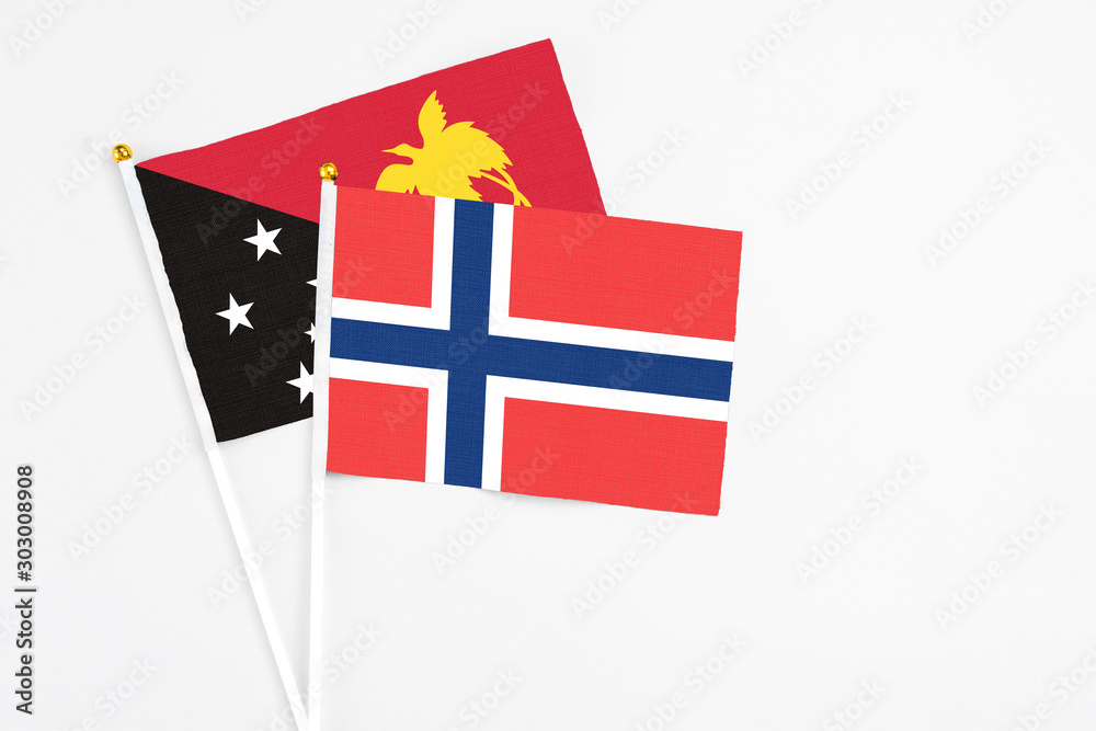 Norway and Papua New Guinea stick flags on white background. High quality fabric, miniature national flag. Peaceful global concept.White floor for copy space.