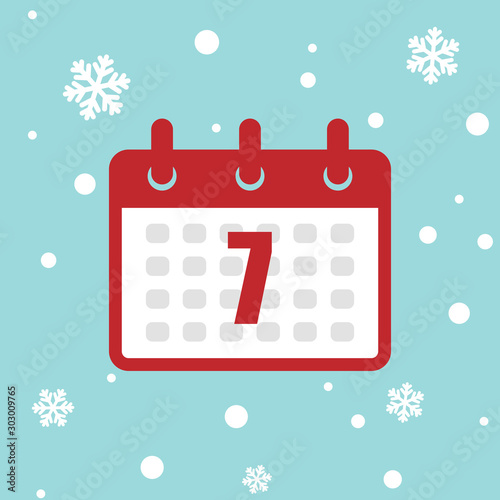 Calendar icon 7 of december isolated on snow background. Vector Christmas advent calendar. Winter holidays poster with date. Cute day decoration. Flat icon calendar. 
