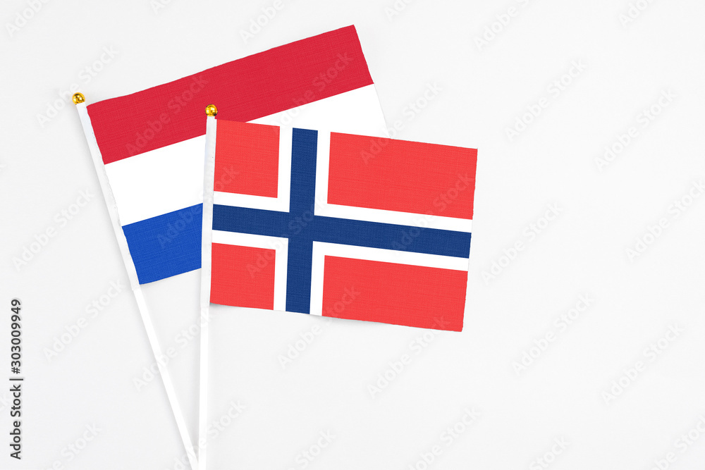 Norway and Paraguay stick flags on white background. High quality fabric, miniature national flag. Peaceful global concept.White floor for copy space.