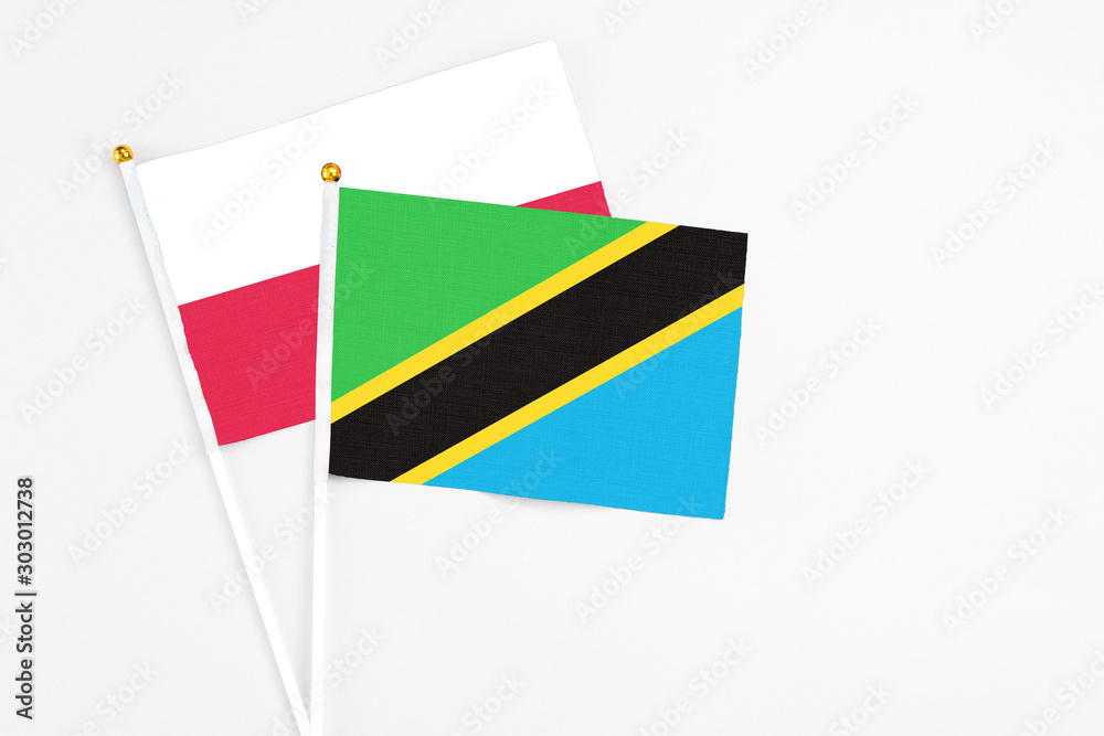 Tanzania and Poland stick flags on white background. High quality fabric, miniature national flag. Peaceful global concept.White floor for copy space. Tanzania and Poland stick flags on white background. High quality fabric, miniature national flag. Peaceful global concept.White floor for copy space.