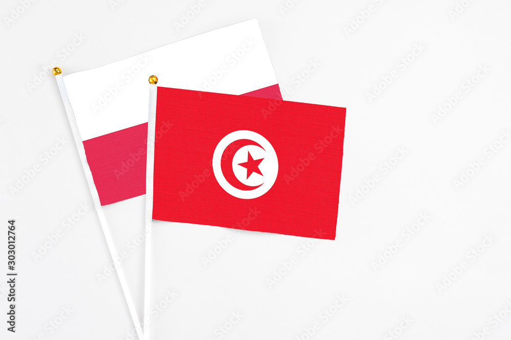 Tunisia and Poland stick flags on white background. High quality fabric, miniature national flag. Peaceful global concept.White floor for copy space. Tunisia and Poland stick flags on white background. High quality fabric, miniature national flag. Peaceful global concept.White floor for copy space.