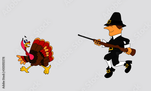 Thanksgiving Cartoon - Pilgrim chasing Turkey