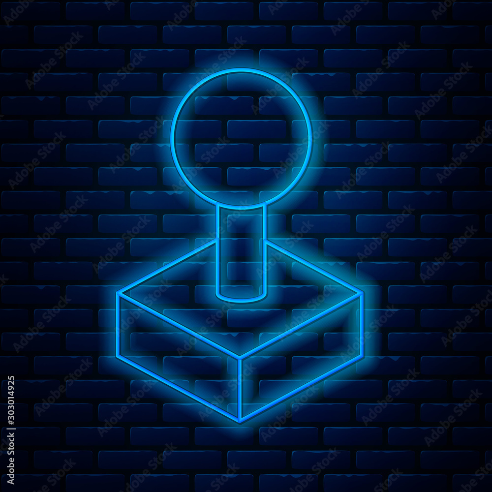 Glowing neon line Joystick for arcade machine icon isolated on brick ...