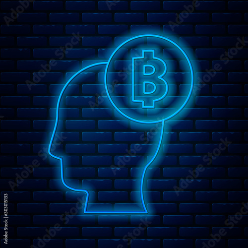 Glowing neon line Bitcoin think icon isolated on brick wall background. Cryptocurrency head. Blockchain technology, digital money market, cryptocoin wallet. Vector Illustration