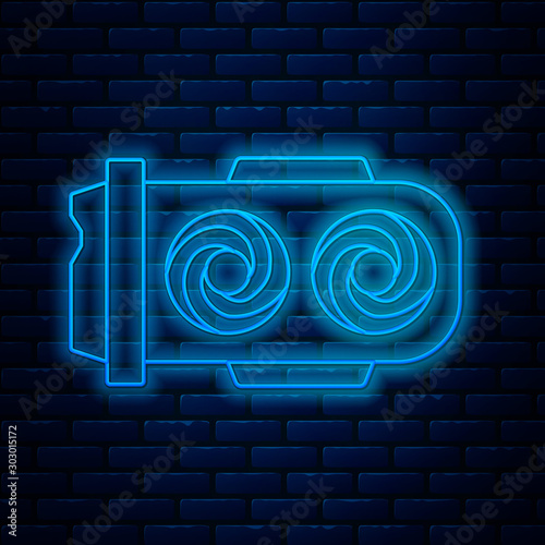 Glowing neon line Mining farm icon isolated on brick wall background. Cryptocurrency mining, blockchain technology, digital money market, cryptocoin wallet. Vector Illustration