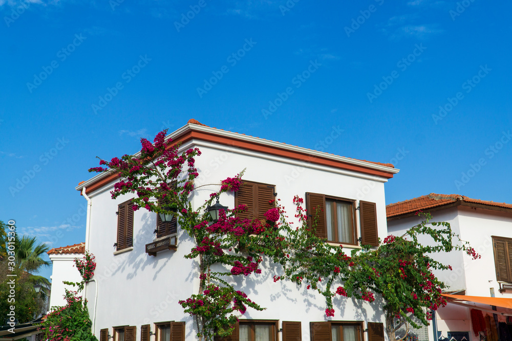 Photo of lovely flowering house and sky, Beautiful house in Sığacık district of İzmir province,