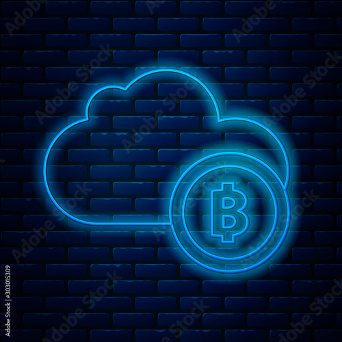 Glowing neon line Cryptocurrency cloud mining icon isolated on brick wall background. Blockchain technology, bitcoin, digital money market, cryptocoin wallet. Vector Illustration