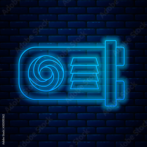 Glowing neon line Mining farm icon isolated on brick wall background. Cryptocurrency mining, blockchain technology, bitcoin, digital money market, wallet. Vector Illustration