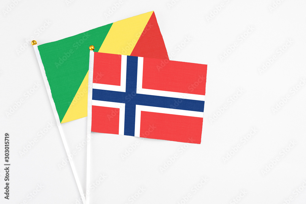 Norway and Republic Of The Congo stick flags on white background. High quality fabric, miniature national flag. Peaceful global concept.White floor for copy space.