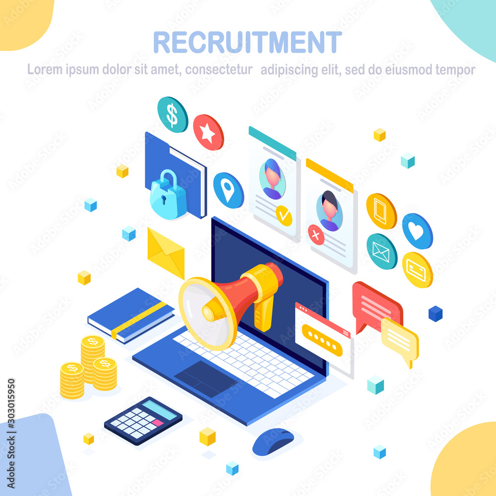Recruitment. 3d isometric computer, laptop, pc with cv resume, folder, megaphone, bullhorn, loudspeaker, speech bubble. Human Resources, HR. Hiring employees. Job interview. Vector design for banner Recruitment. 3d isometric computer, laptop, pc with cv resume, folder, megaphone, bullhorn, loudspeaker, speech bubble. Human Resources, HR. Hiring employees. Job interview. Vector design for banner