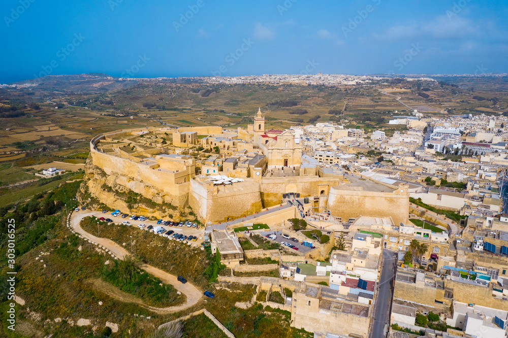 Aerial view of Citadel and Victoria city (Rabat) - capital of Gozo island. Malta country