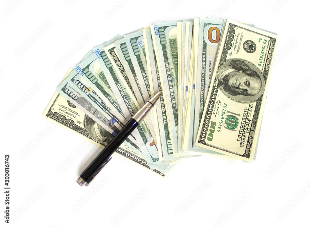 Hundred Dollars bills on white with black pen Hundred Dollars bills on white with black pen
