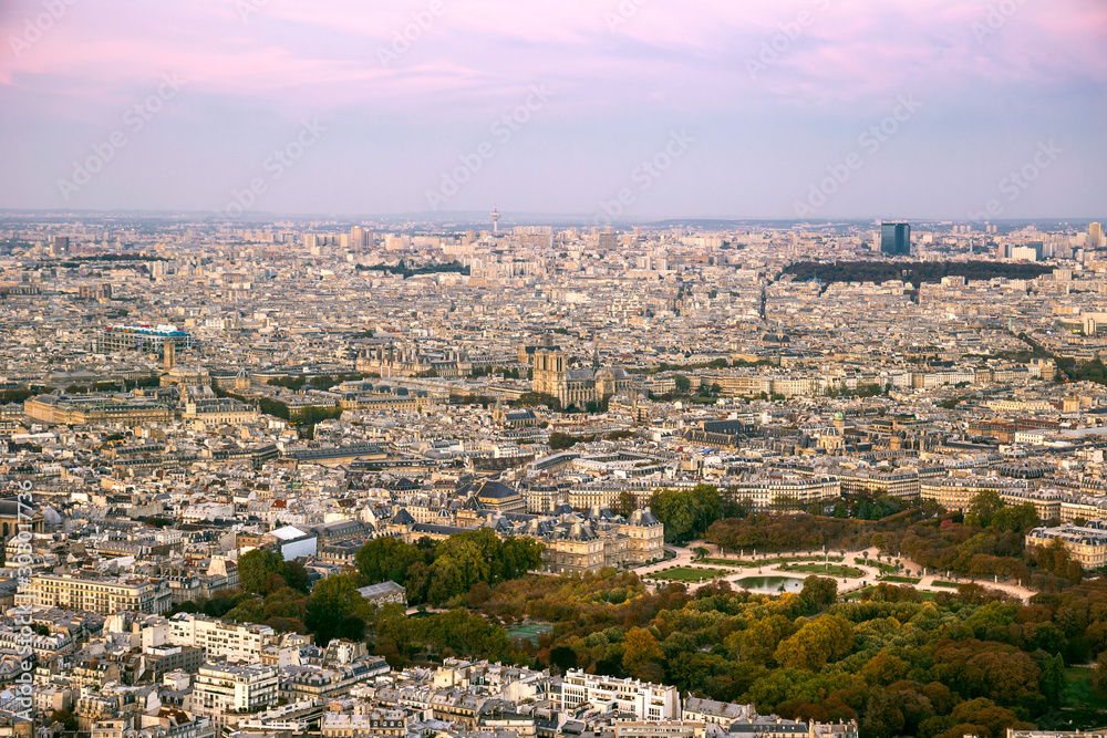 Panorama of Paris during sunset with Luxembourg garden and Notre Dame, Paris, France