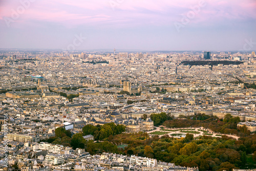 Panorama of Paris during sunset with Luxembourg garden and Notre Dame, Paris, France