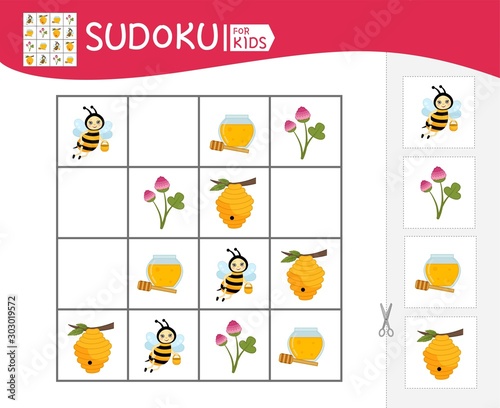 Sudoku game for children with pictures. Kids activity sheet.  Cartoon bee.