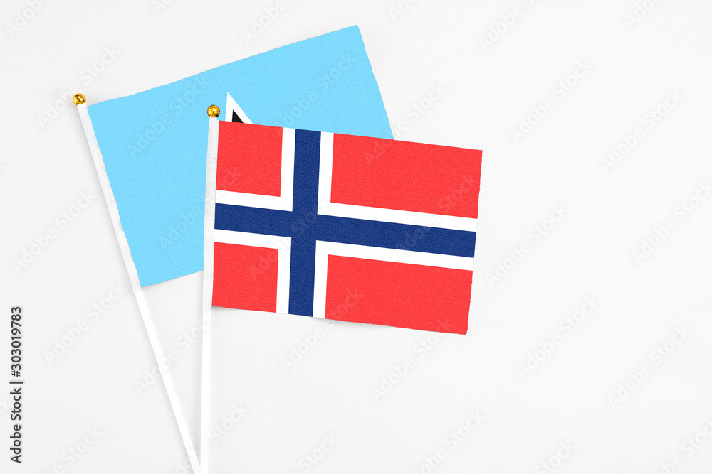 Bouvet Islands and Saint Lucia stick flags on white background. High quality fabric, miniature national flag. Peaceful global concept.White floor for copy space. Bouvet Islands and Saint Lucia stick flags on white background. High quality fabric, miniature national flag. Peaceful global concept.White floor for copy space.