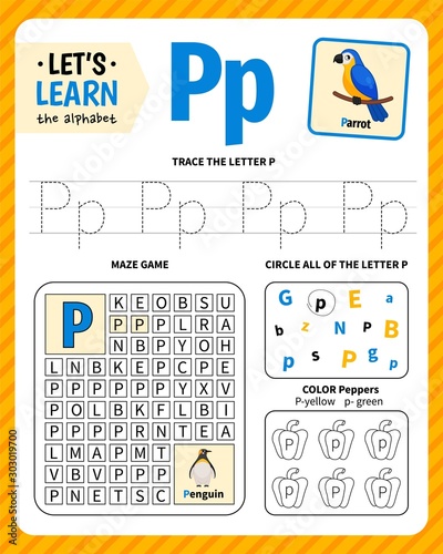 Kids learning material. Worksheet for learning alphabet. Letter P.