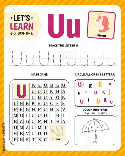 Kids learning material. Worksheet for learning alphabet. Letter U.