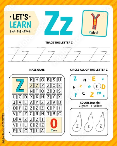 Kids learning material. Worksheet for learning alphabet. Letter Z.