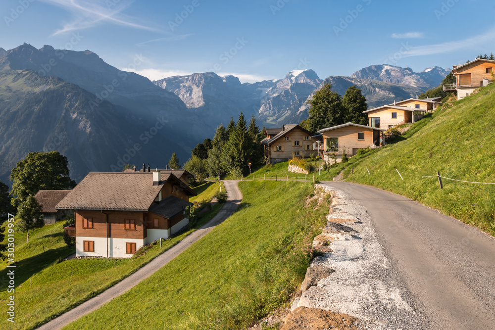 wooden huts in Braunwald village in Glarus Alps, Switzerland