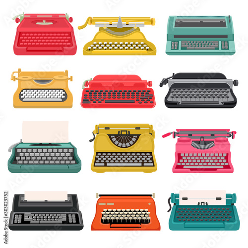 Typewriter vector old vintage keyboard machine, retro type-writer for writing and typing. Illustration set of antique print seccretary object isolated on white background