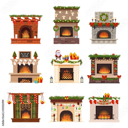 Fireplace vector warm fire place decor socks, santa, gifts on Christmas celebration. Illustration decoration set of burning firewood on xmas holiday in winter isolated on white background photo