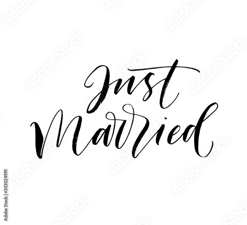 Just married postcard. Hand drawn brush style modern calligraphy. Vector illustration of handwritten lettering. 