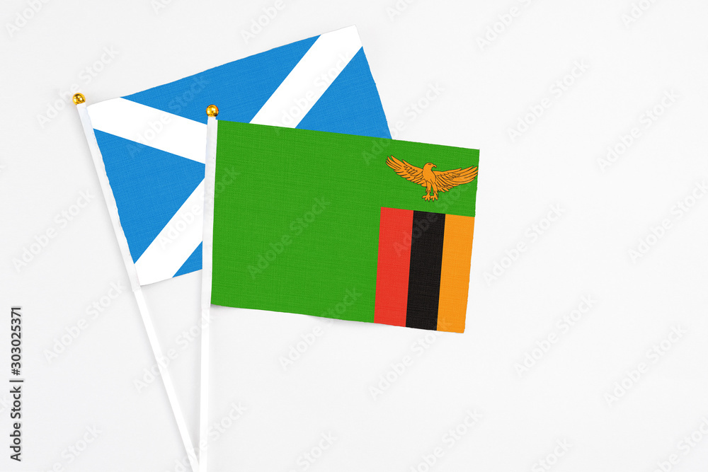 Zambia and Scotland stick flags on white background. High quality fabric, miniature national flag. Peaceful global concept.White floor for copy space.