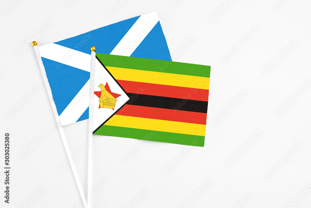 Zimbabwe and Scotland stick flags on white background. High quality fabric, miniature national flag. Peaceful global concept.White floor for copy space.
