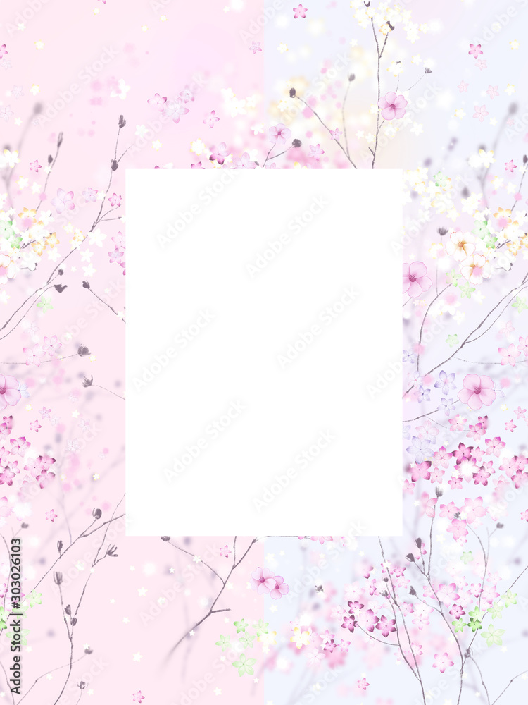 Background with tiny white and pink flowers, blurred, selective focus.Square composition used.