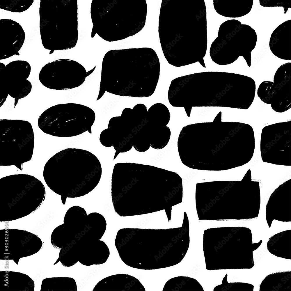 Fototapeta premium Speech bubble vector seamless pattern. Hand drawn set of black and white comic elements.