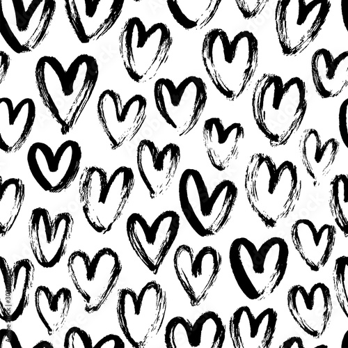 Heart seamless pattern. Black and white ink brush hearts hand drawn ornament. Romantic figures vector illustration.